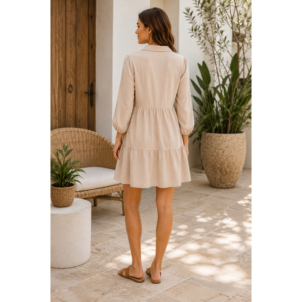 Fraiche by J Shirt Tiered Dress Small Beige Collared V Neck Pockets - Picture 2 of 2